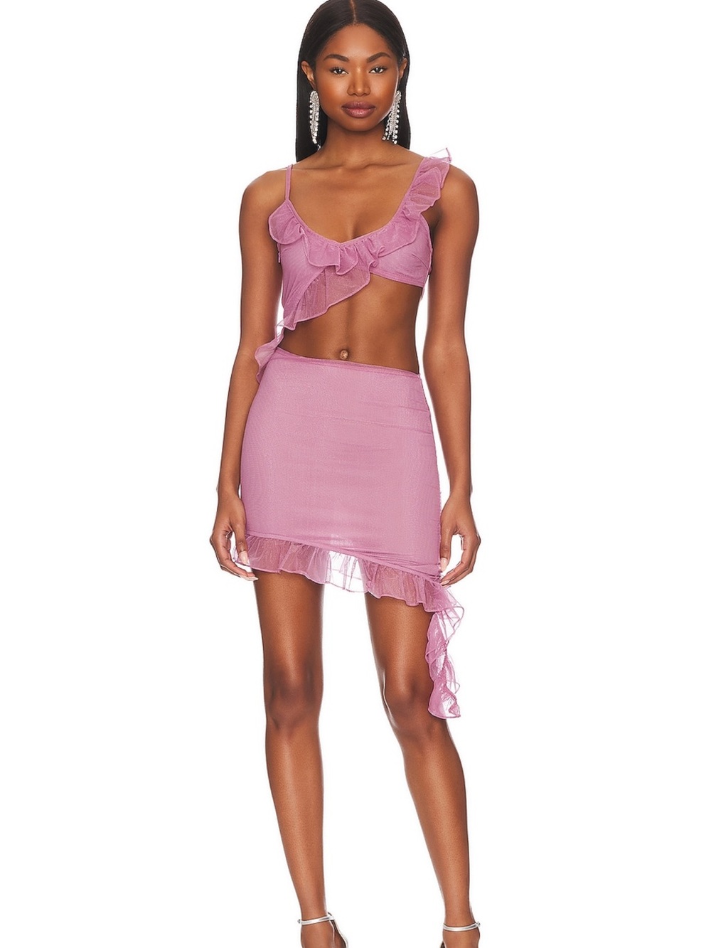 Ruffle-Trim Asymmetric Mini Dress in Mauve Pink